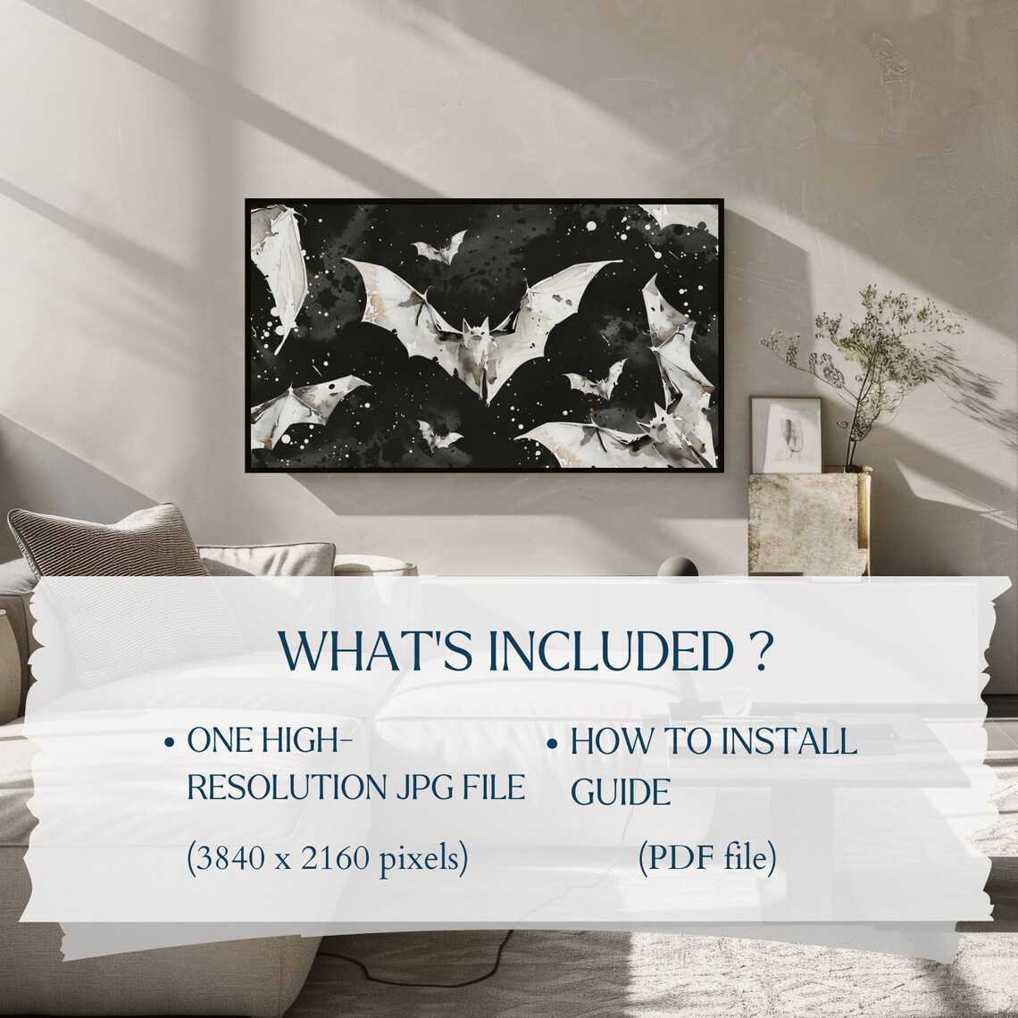 Black and White Watercolor Bats Flying in Night Sky Art Poster - Image 2