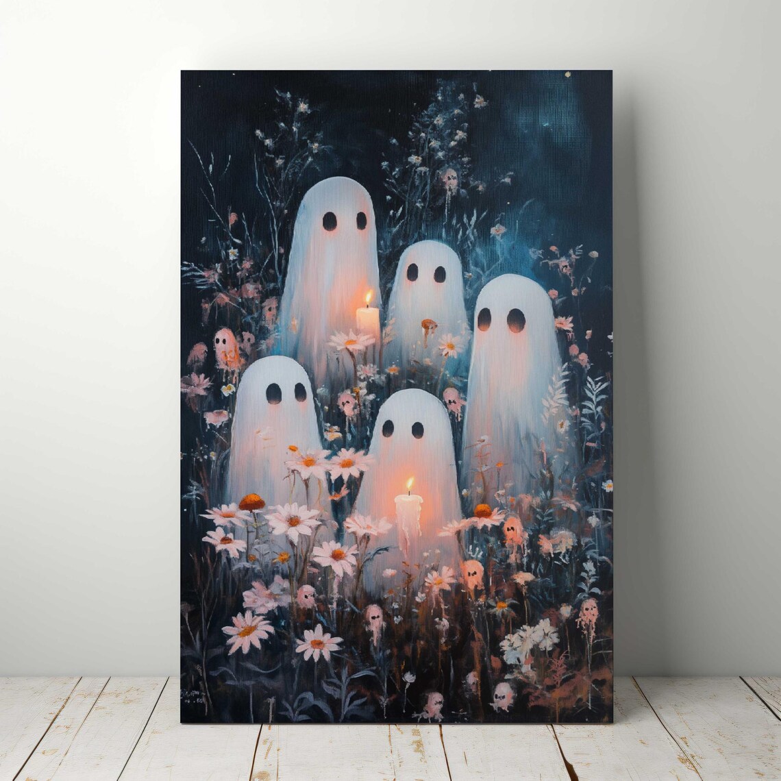 Cute Ghosts Among Flowers with Candles Spooky Night Art Poster - Image 5