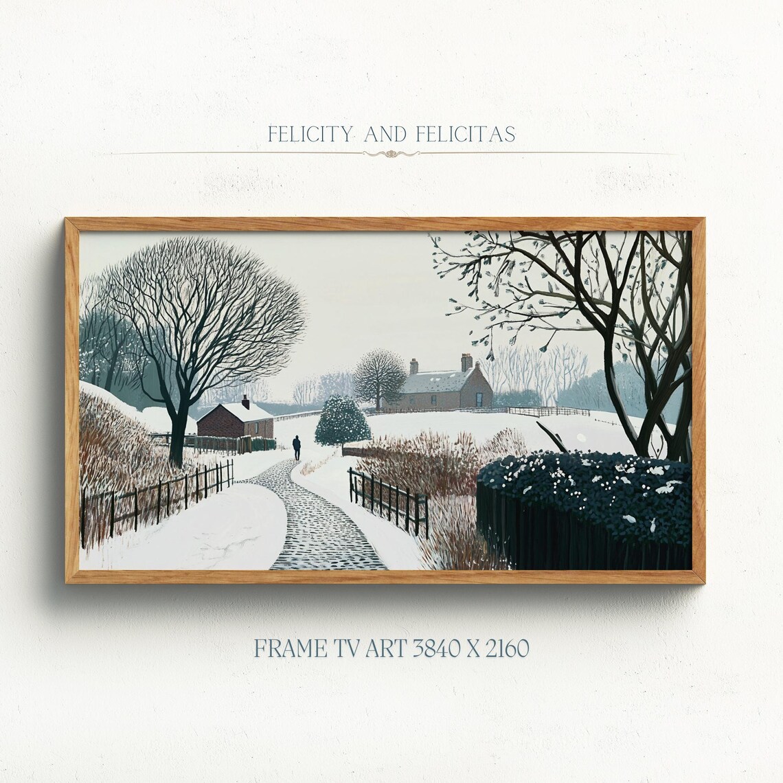 Snowy Country Lane Cottages Lone Walker Winter Countryside Poster