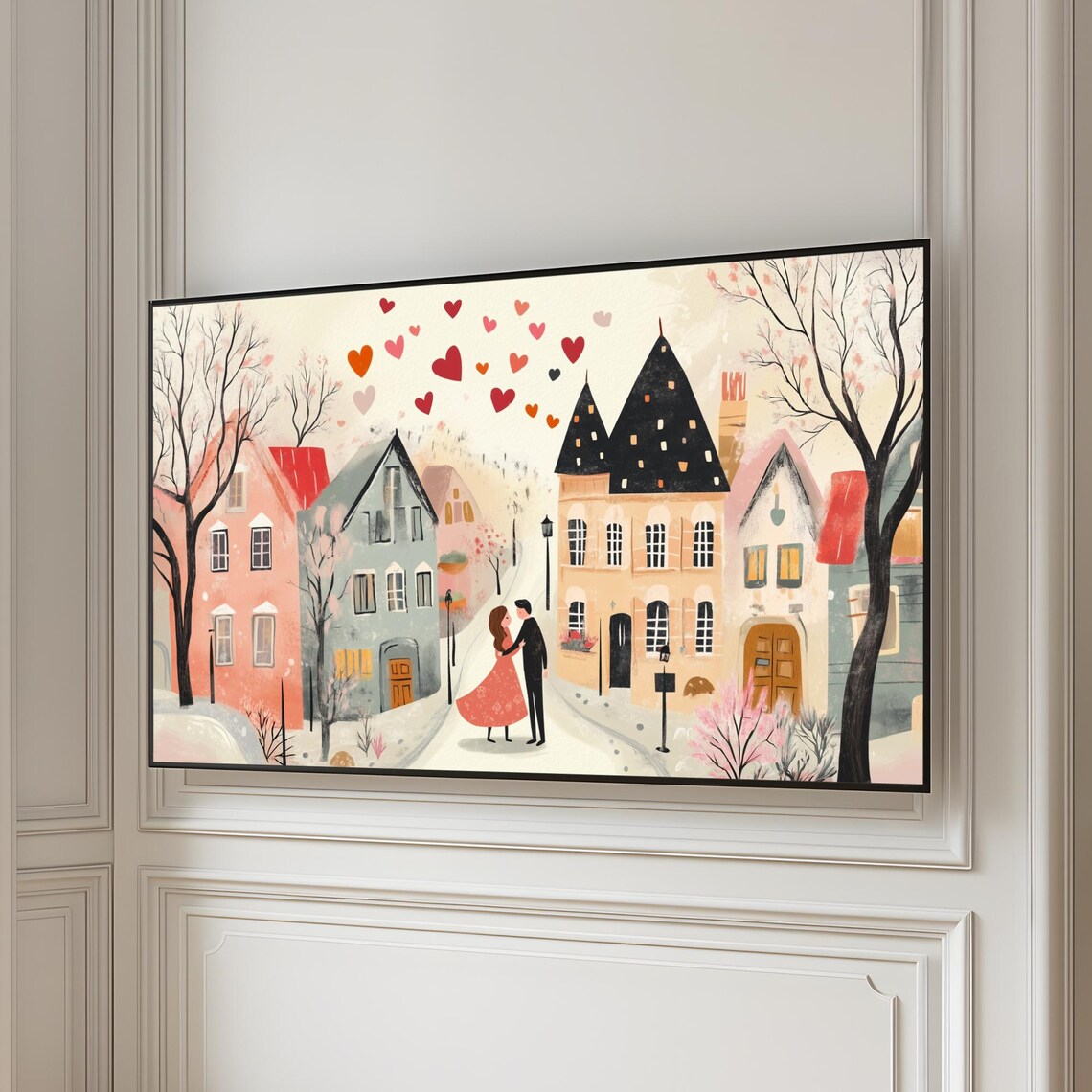 Sweet Valentine Couple Under Floating Hearts Village Street Poster - Image 5