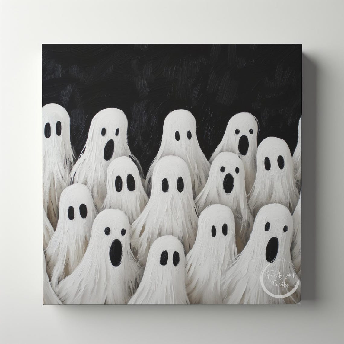Cute Sheet Ghost Gathering Crowd on Black Spooky Fun Art Poster - Image 6