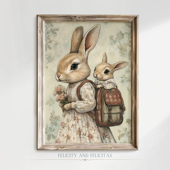 Vintage Rabbit Nursery Wall Art Cute Bunny Print Neutral Kids Room Illustration Beige Toddler Room Art