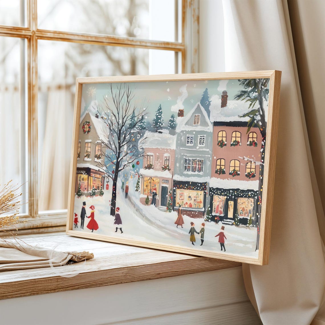 Vintage Christmas Village Square Holiday Shops Snow Scene Poster - Image 3