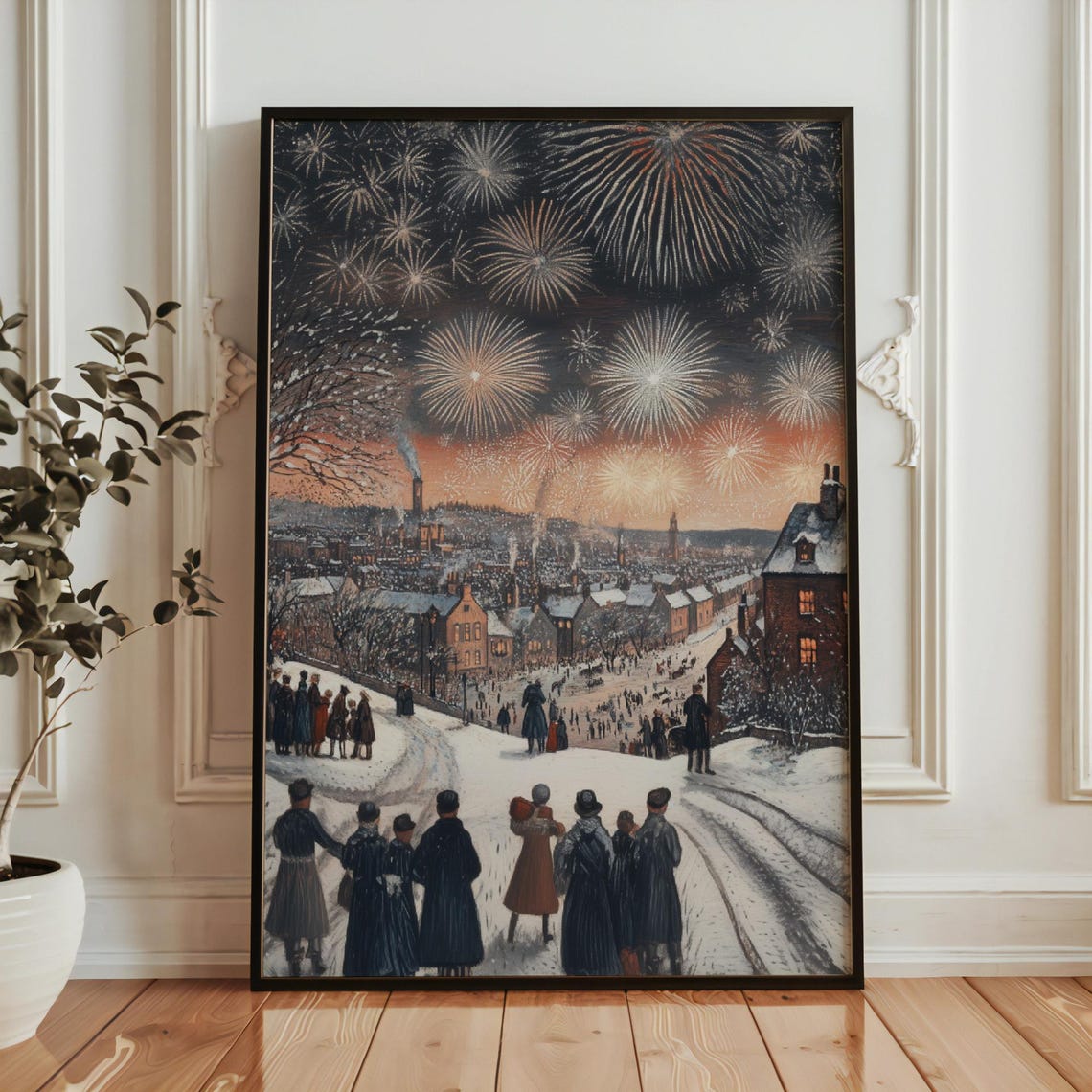 New Years Eve Fireworks Snowy Town Crowd Vintage Dazzling Wall Art - Image 4