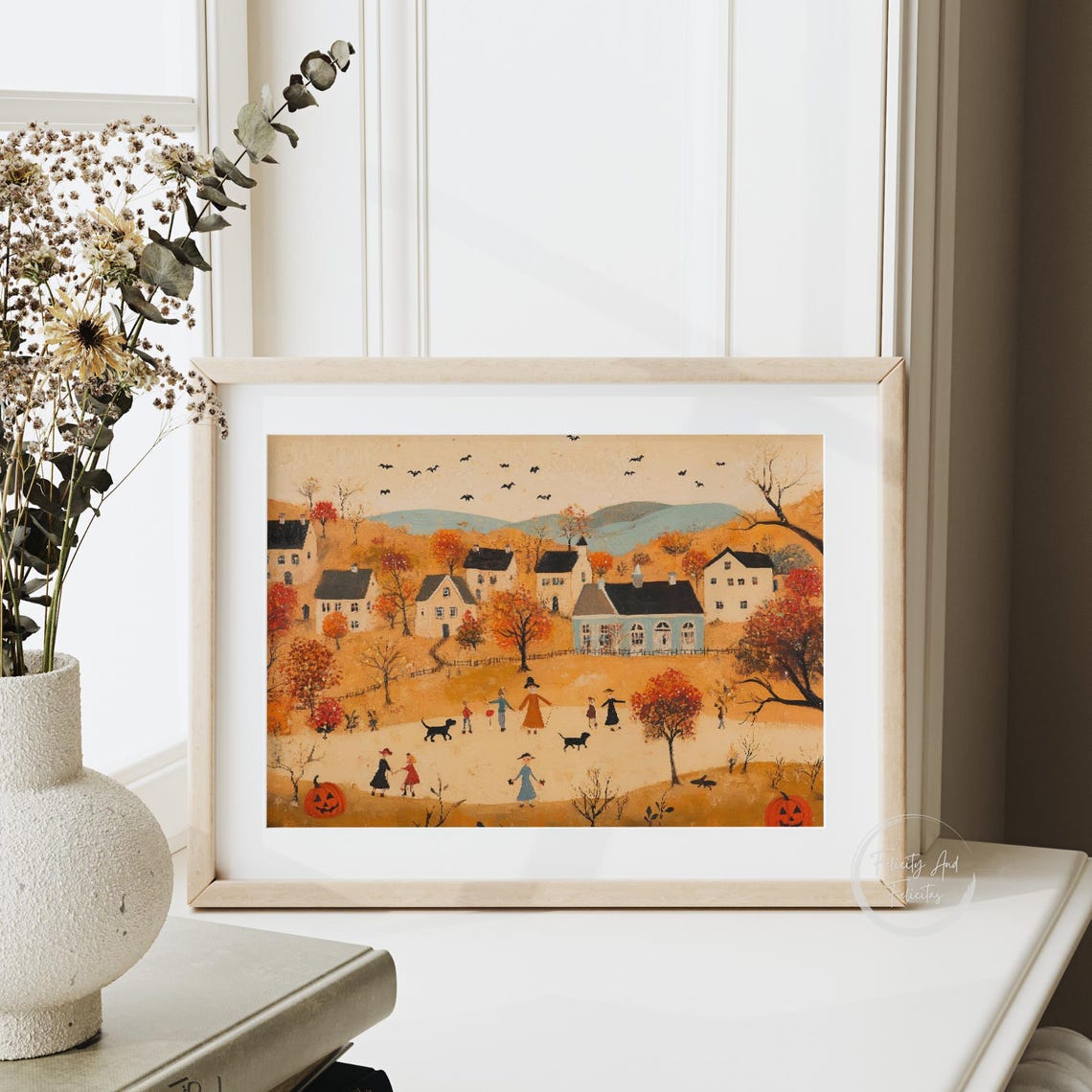 Folk Art Halloween Village with Children Dogs and Bats Fall Poster - Image 4