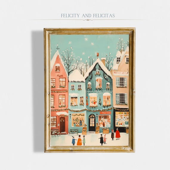 Cute Winter Town Wall Art Retro Winter Holiday Art Hello December Print Christmas Farmhouse Decor