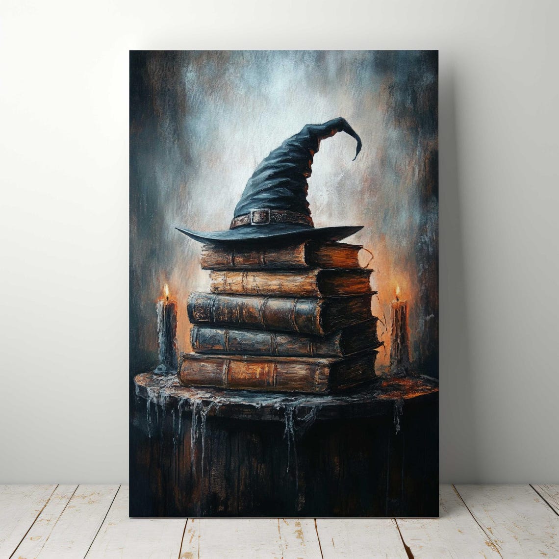 Witch Hat on Stack of Old Spell Books with Candles Dark Poster - Image 5