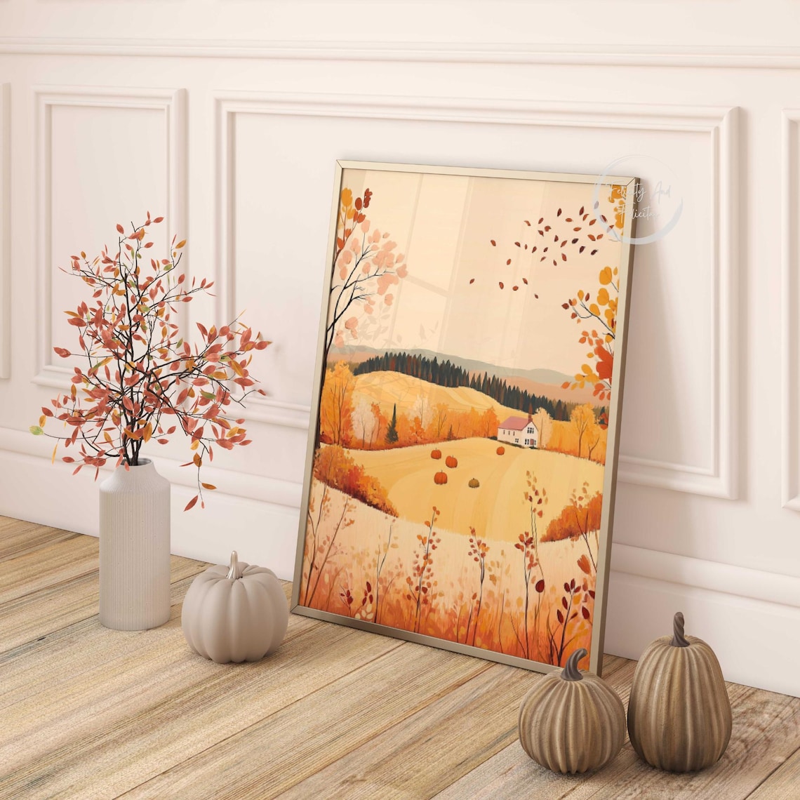 Golden Autumn Farm Landscape Hay Bales Pumpkins Farmhouse Poster - Image 4