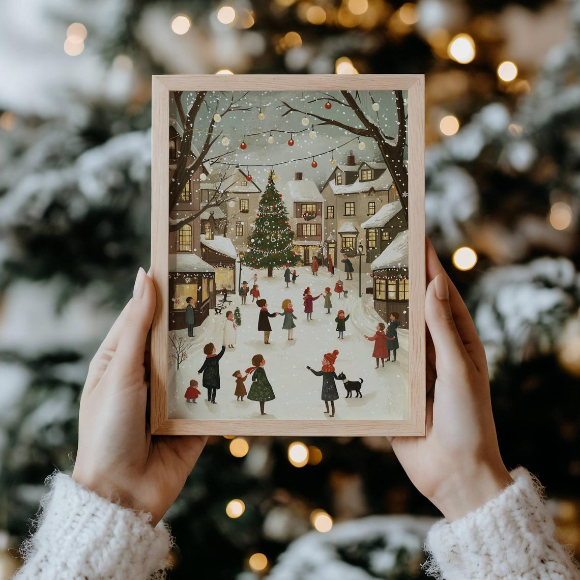 Cozy Christmas Village Square Tree Lights Neutral Winter Poster - Image 5