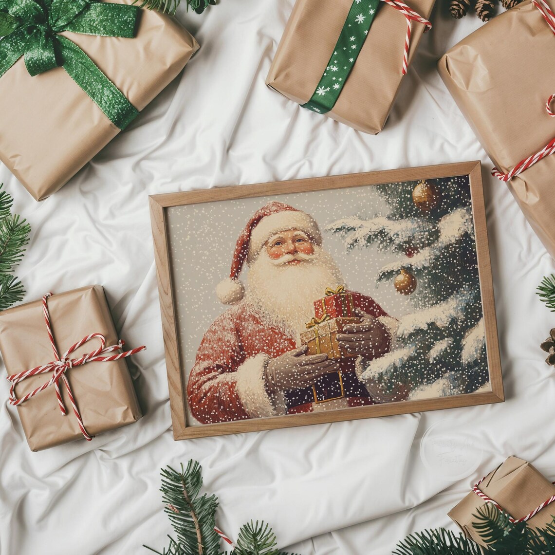 Vintage Santa Claus Holding Gifts by Snowy Christmas Tree Poster - Image 6