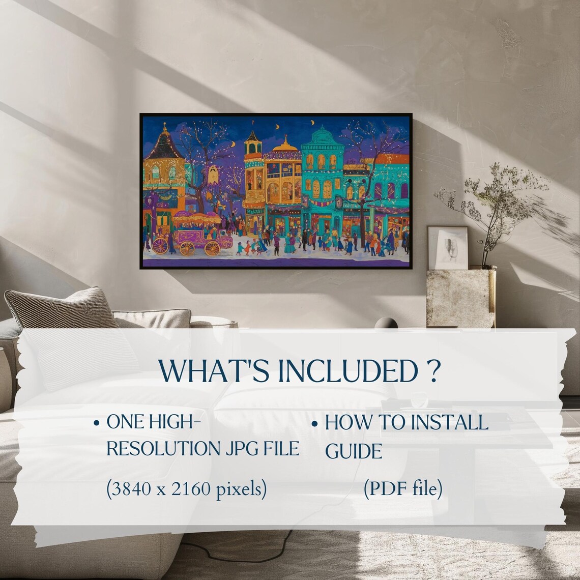Teal and Gold Night Town Festival Carriage Frame TV Art Poster - Image 2