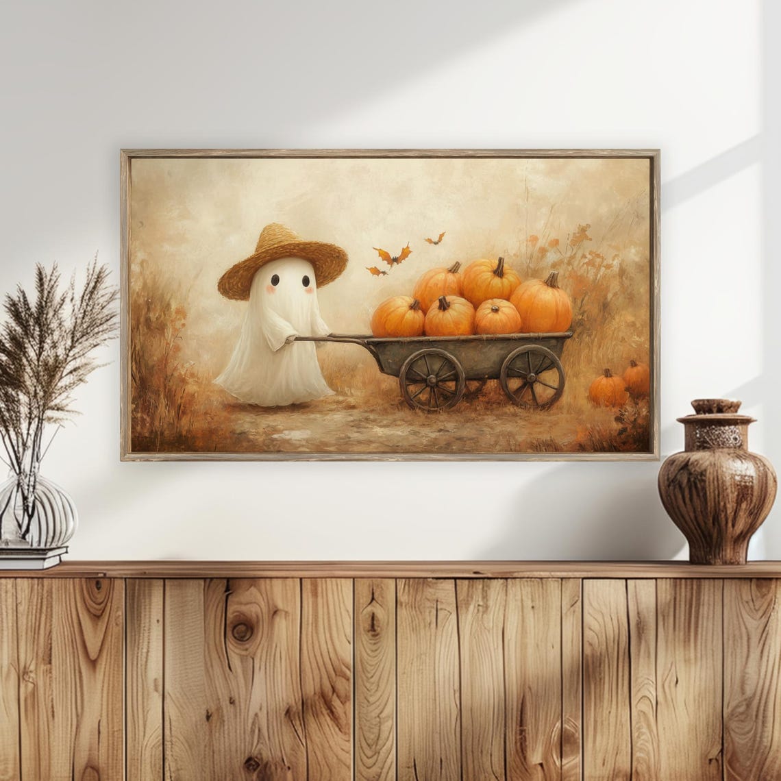 Cute Ghost Straw Hat Pumpkin Wagon Fall Field Halloween Poster - Image 5