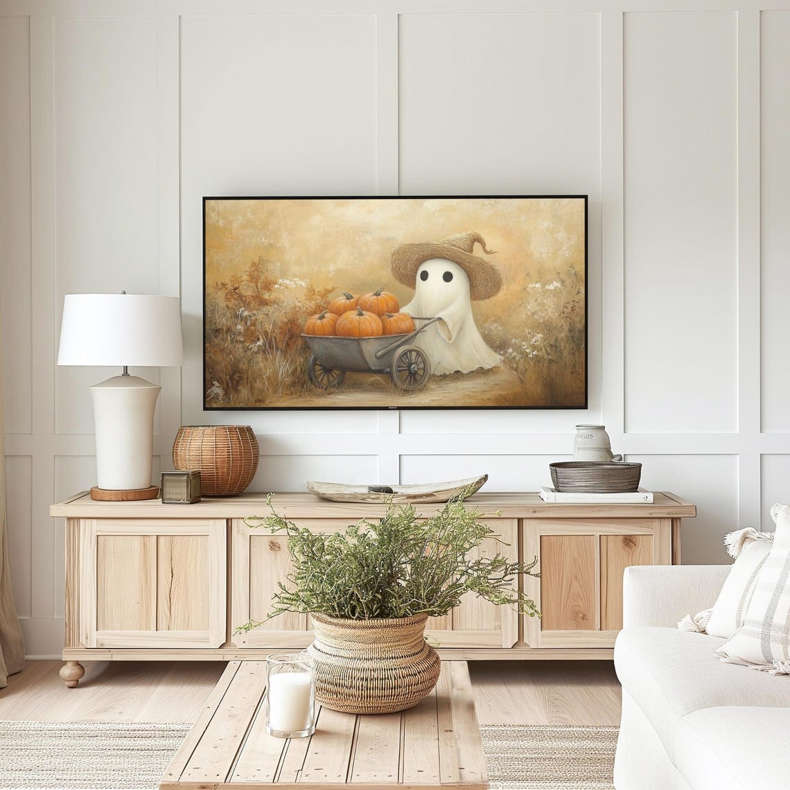 Cute Ghost Straw Witch Hat Pumpkin Wagon Autumn TV Art Poster - Image 3