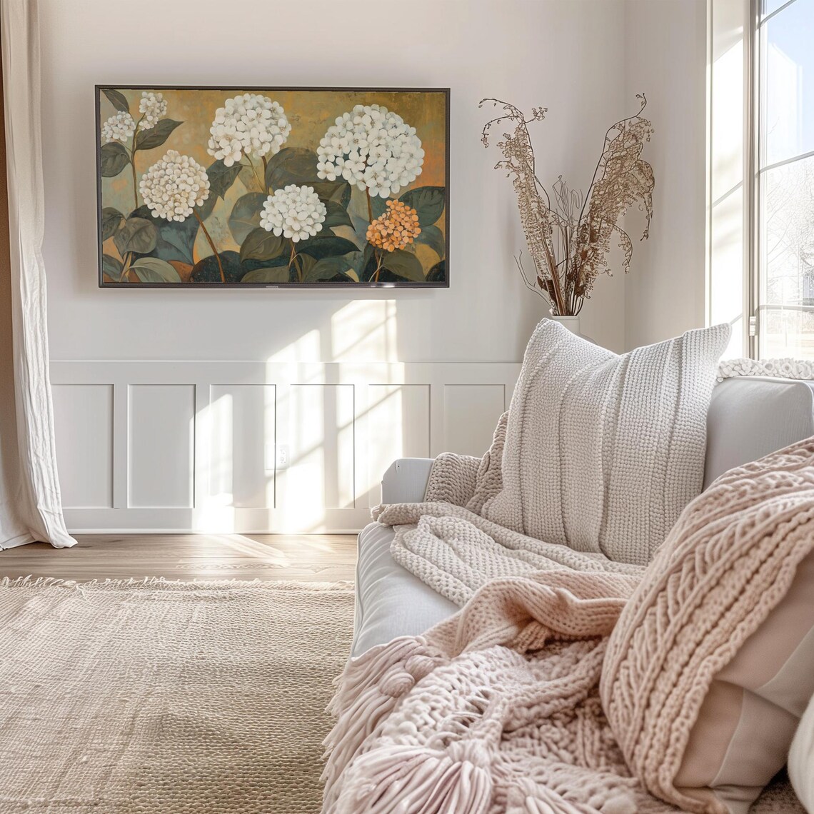 White Hydrangea Blossoms Golden Background Botanical Frame TV Art Poster - Image 4