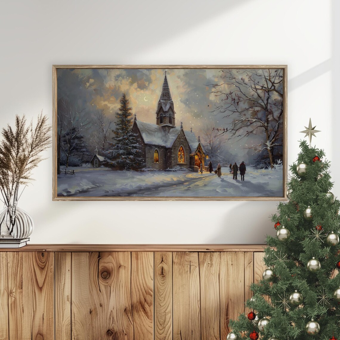 Snowy Church on Christmas Eve Night in Falling Snow Winter Poster - Image 5