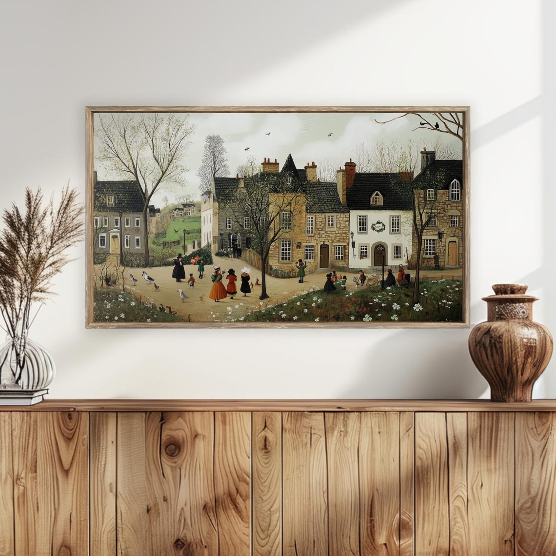 Village Street Spring Dresses Geese Flowers Vintage Wall Art - Image 4