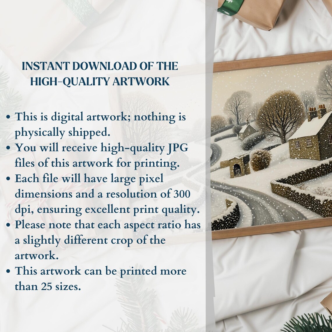 Snowy Village Road with Stone Cottages in Falling Snow Art Poster - Image 2