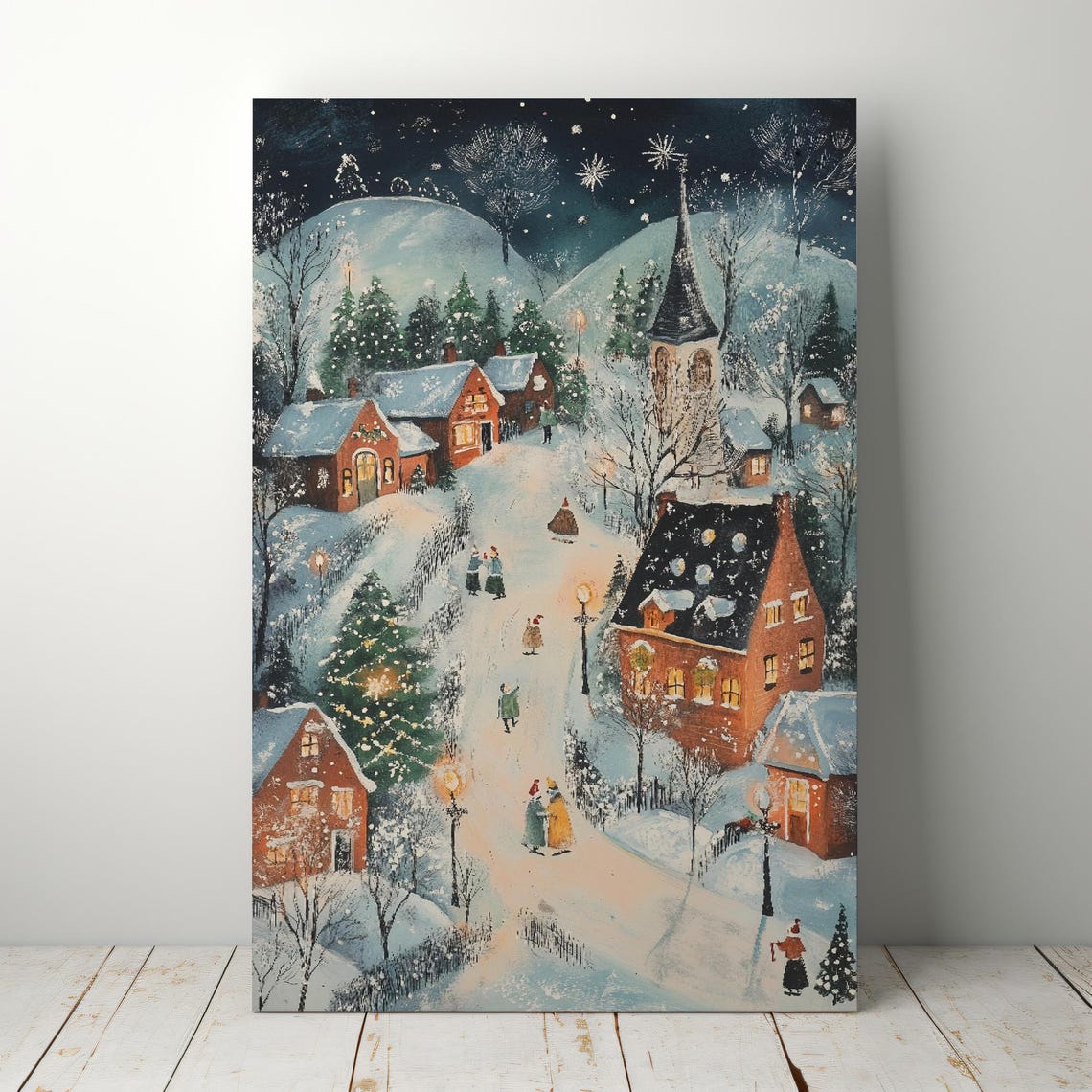Snowy Village Night Church With Glowing Windows Folk Art Poster - Image 5