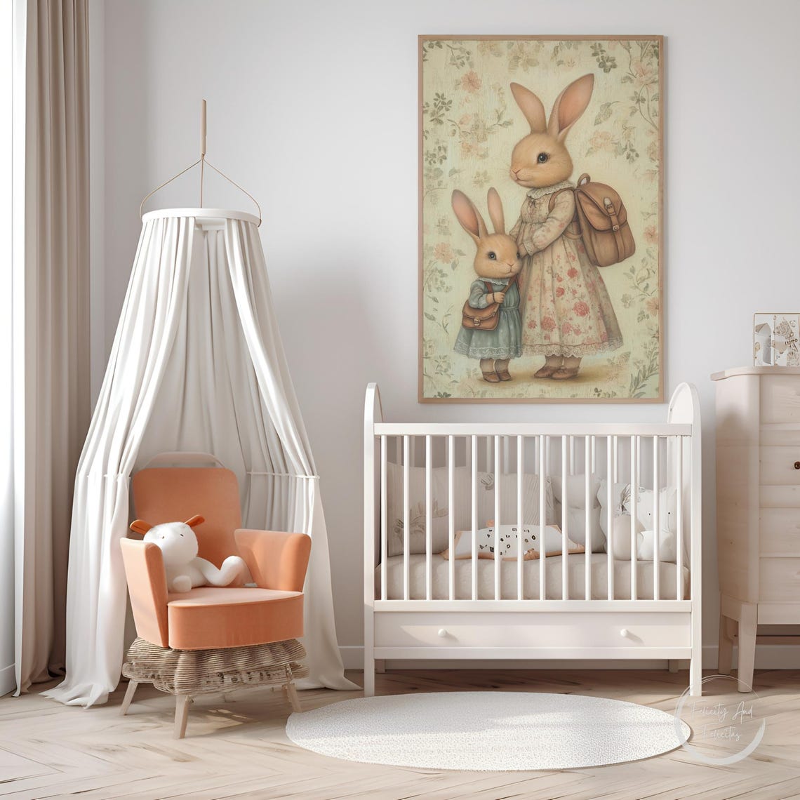 Mother and Child Bunny with Satchels Vintage Floral Nursery Wall Art - Image 5
