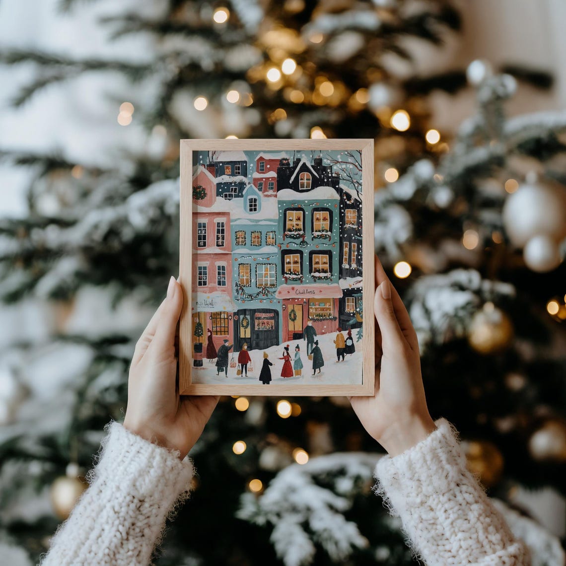 Cute Christmas Town Pastel Shops Snowy Street Holiday Poster - Image 4