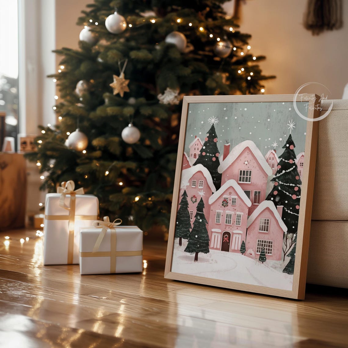 Pink Christmas Village with Decorated Evergreens Snowfall Poster - Image 4