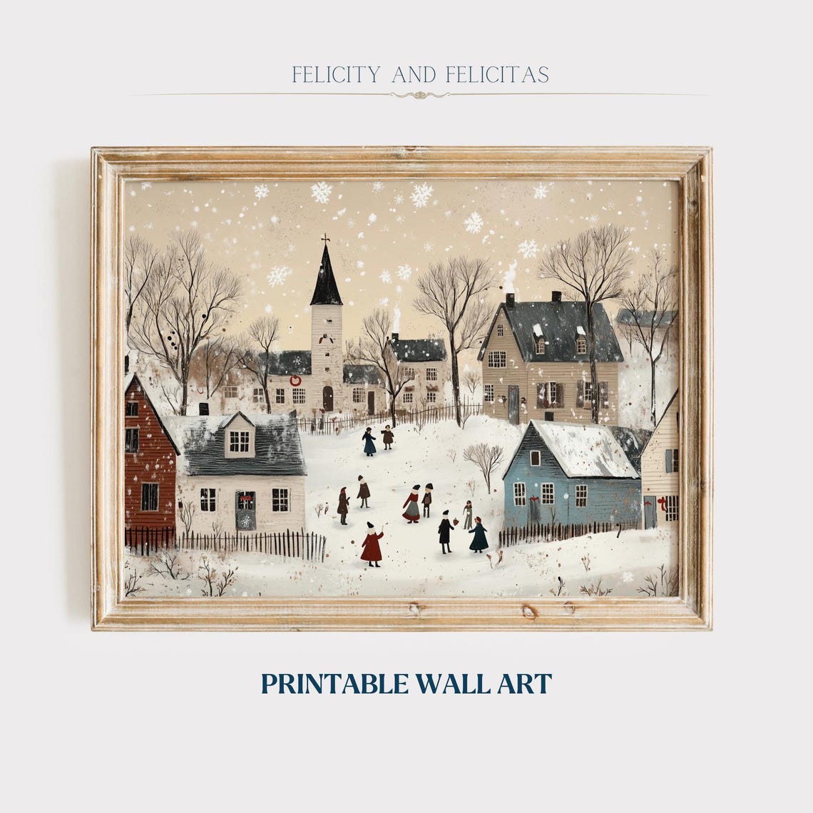 Neutral Beige Snowy Village With Church Snowflakes Holiday Poster