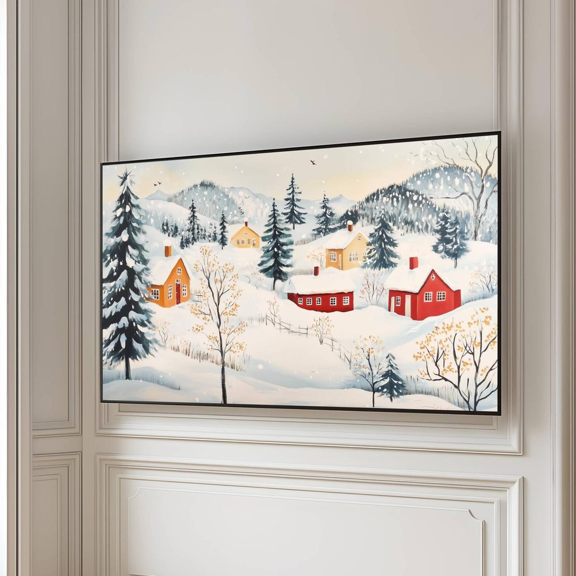 Winter Mountain Cabins In Snowfall Evergreen Trees Scene Poster - Image 4
