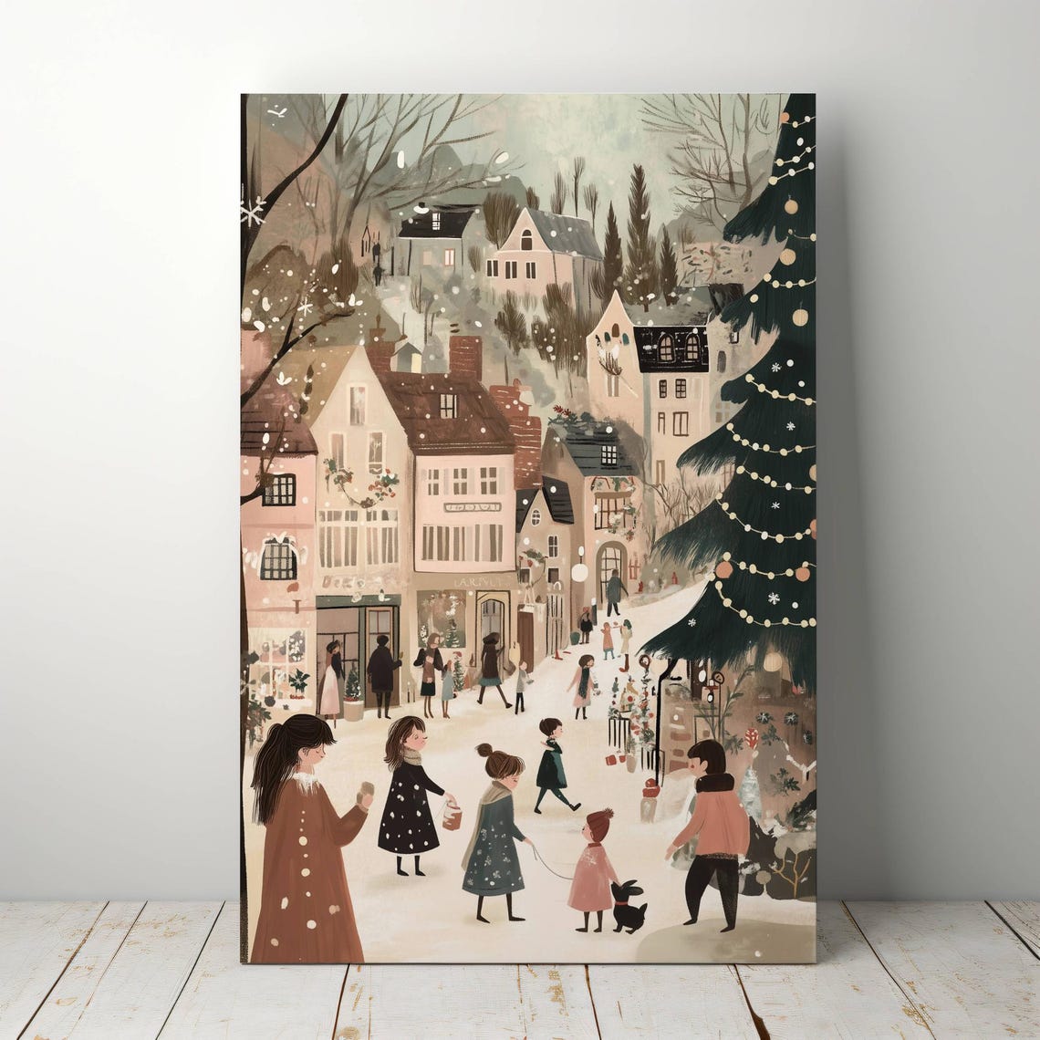 Snowy Christmas Village Square Children Shops Storybook Art Poster - Image 6