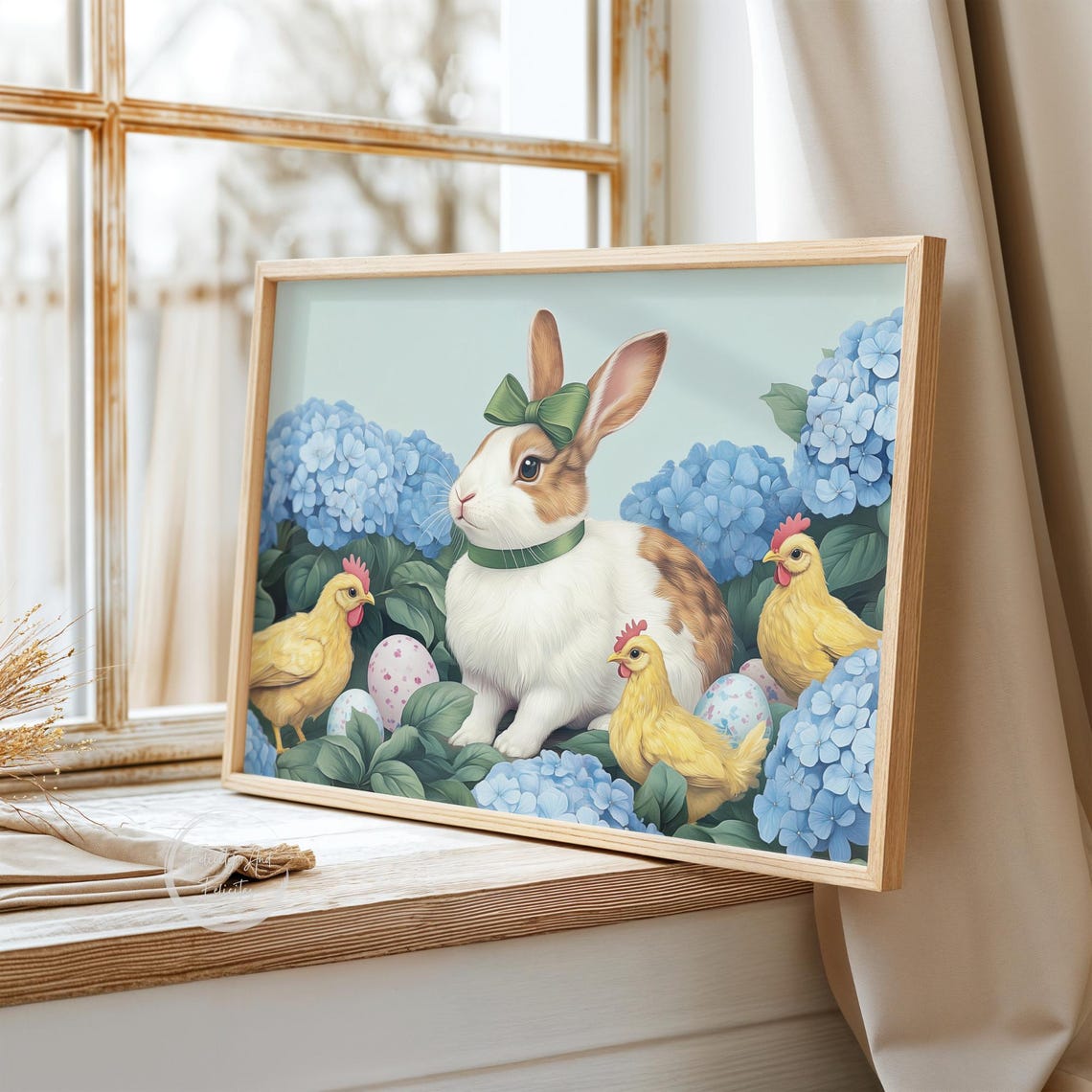 Sweet Easter Bunny With Chicks Eggs Blue Hydrangea Spring Poster - Image 3
