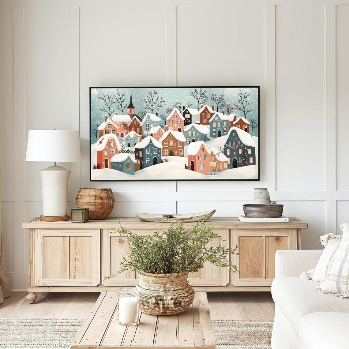 Cute Pastel Winter Village Illustration Snowy Town Scene Poster - Image 4