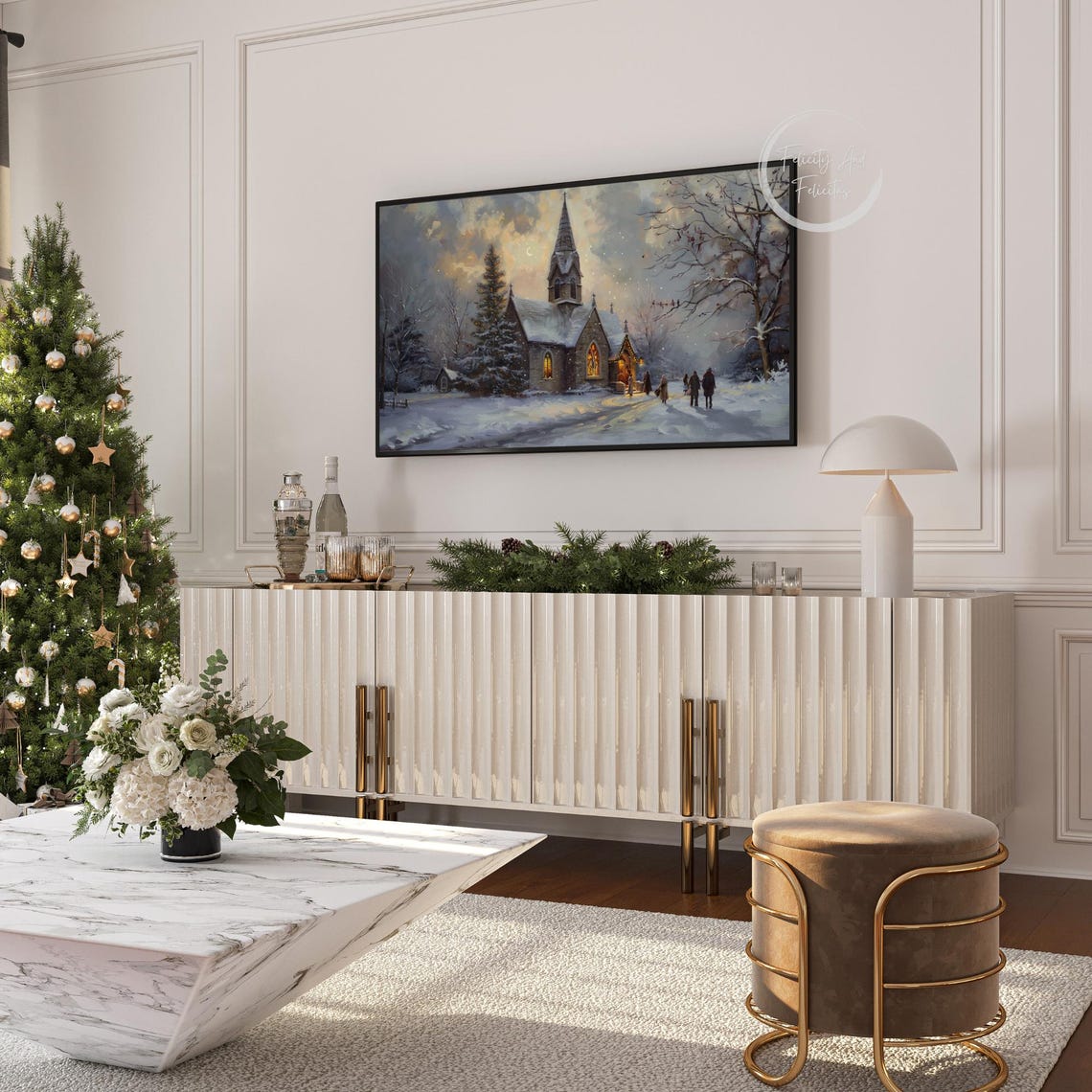 Snowy Church on Christmas Eve Night in Falling Snow Winter Poster - Image 6