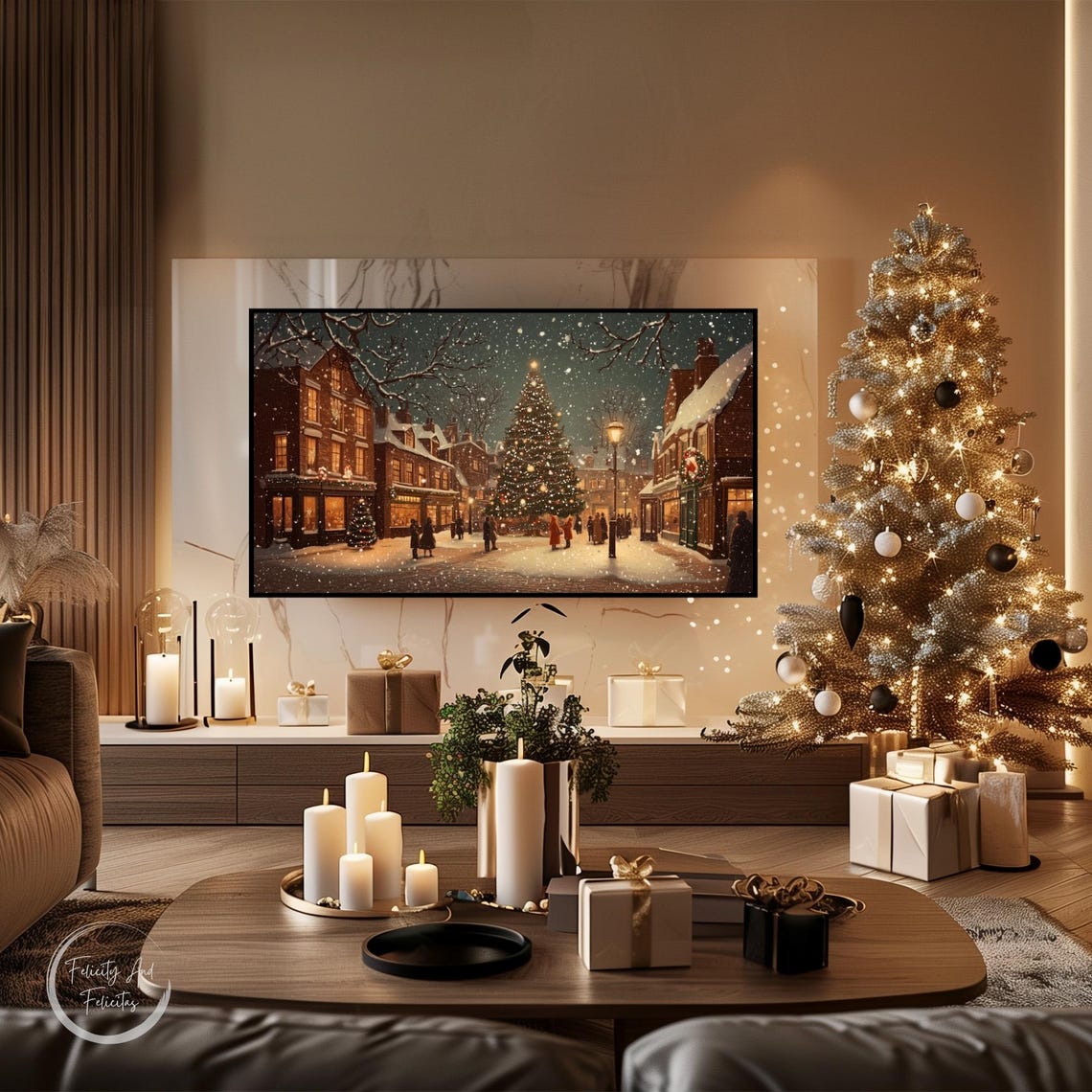 Christmas Eve Town Square Night Lit Tree Carolers Scene Poster - Image 3