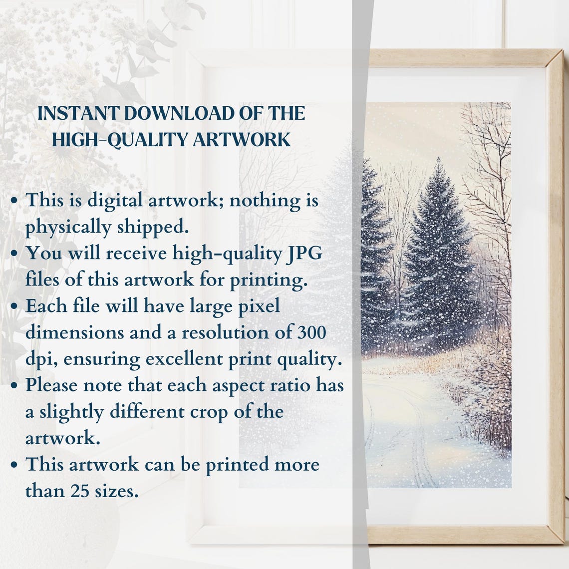 Snowy Winter Forest Path Tall Evergreens Falling Snow Scene Poster - Image 3
