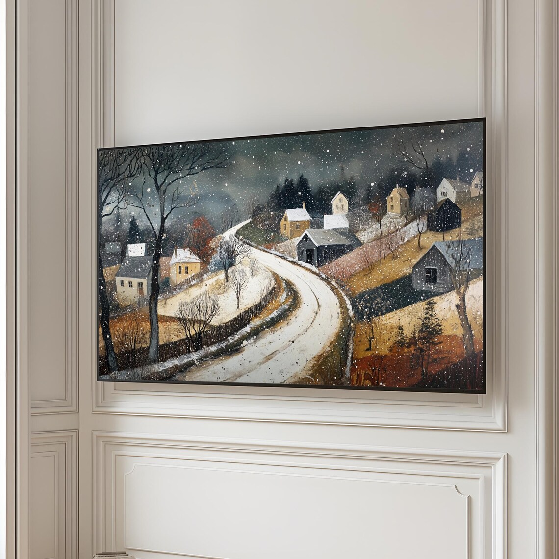 Moody Snowy Village Road At Dusk Falling Snow Landscape Poster - Image 4
