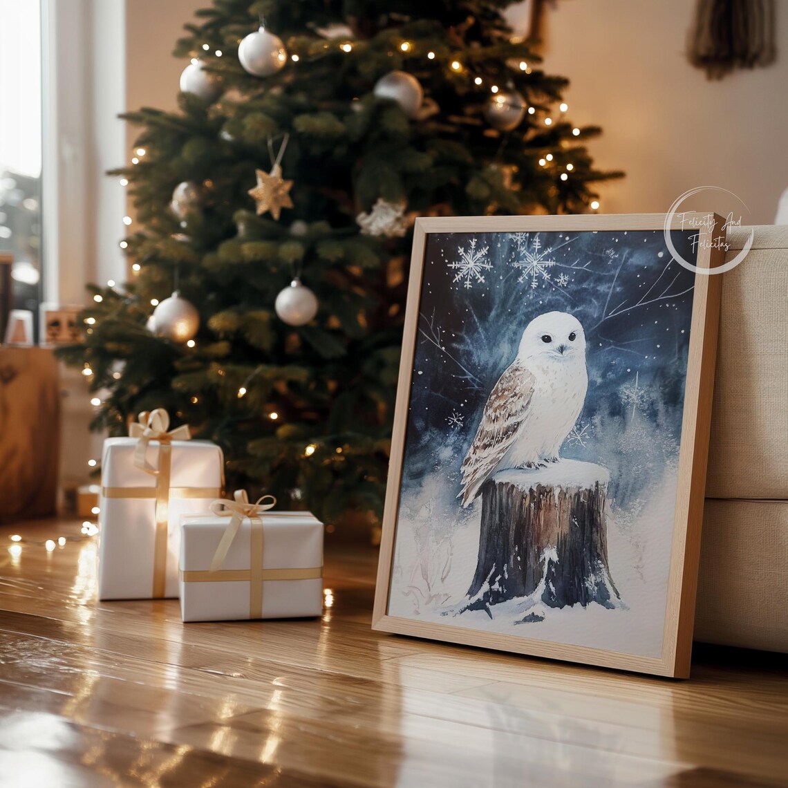 Snowy Owl Winter Night Watercolor Snowflakes Enchanting Wall Art - Image 4