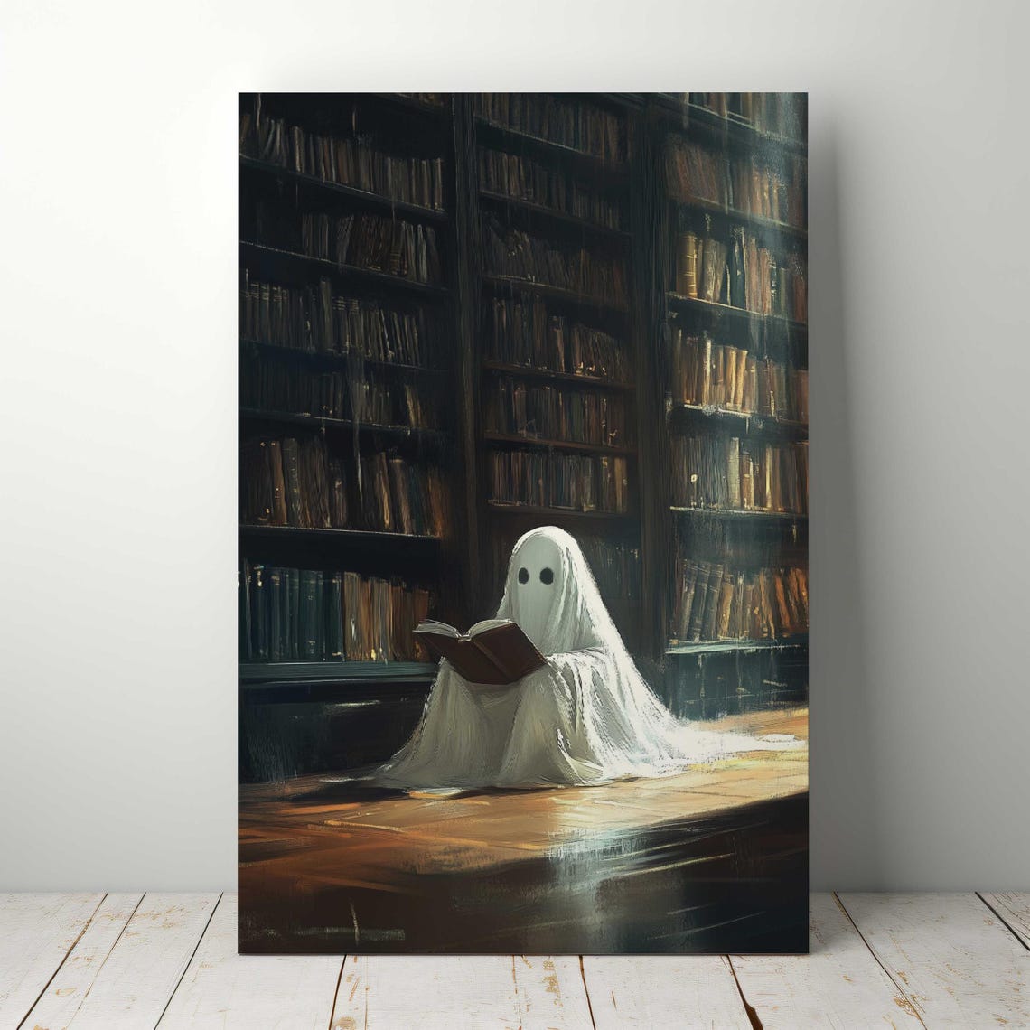 Ghost Reading Book Dark Library Halloween Cottagecore Wall Art - Image 5