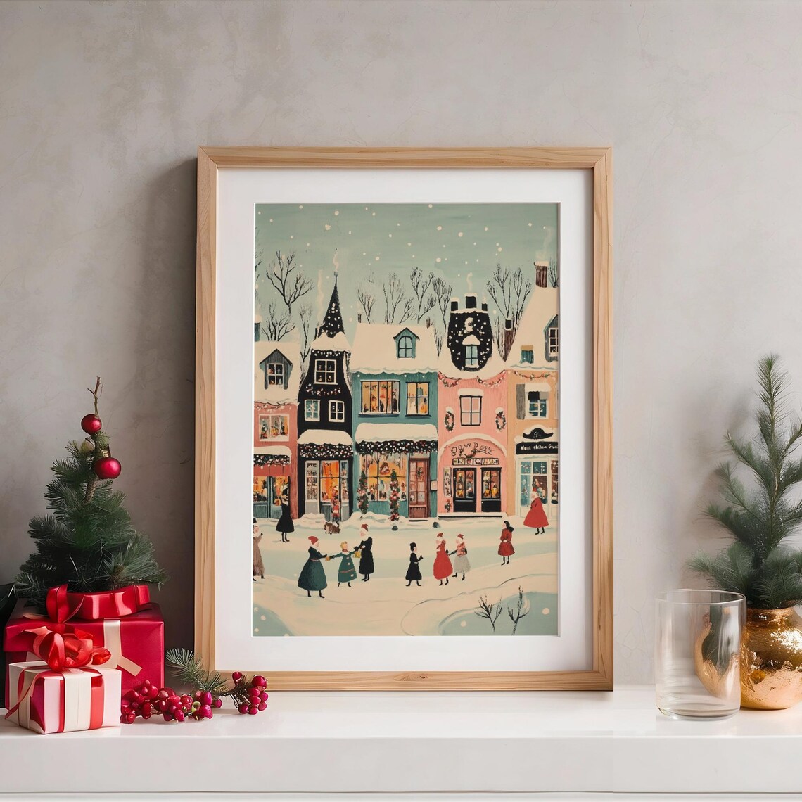 Cute Winter Village Christmas Shops Snowy Shoppers Holiday Poster - Image 4