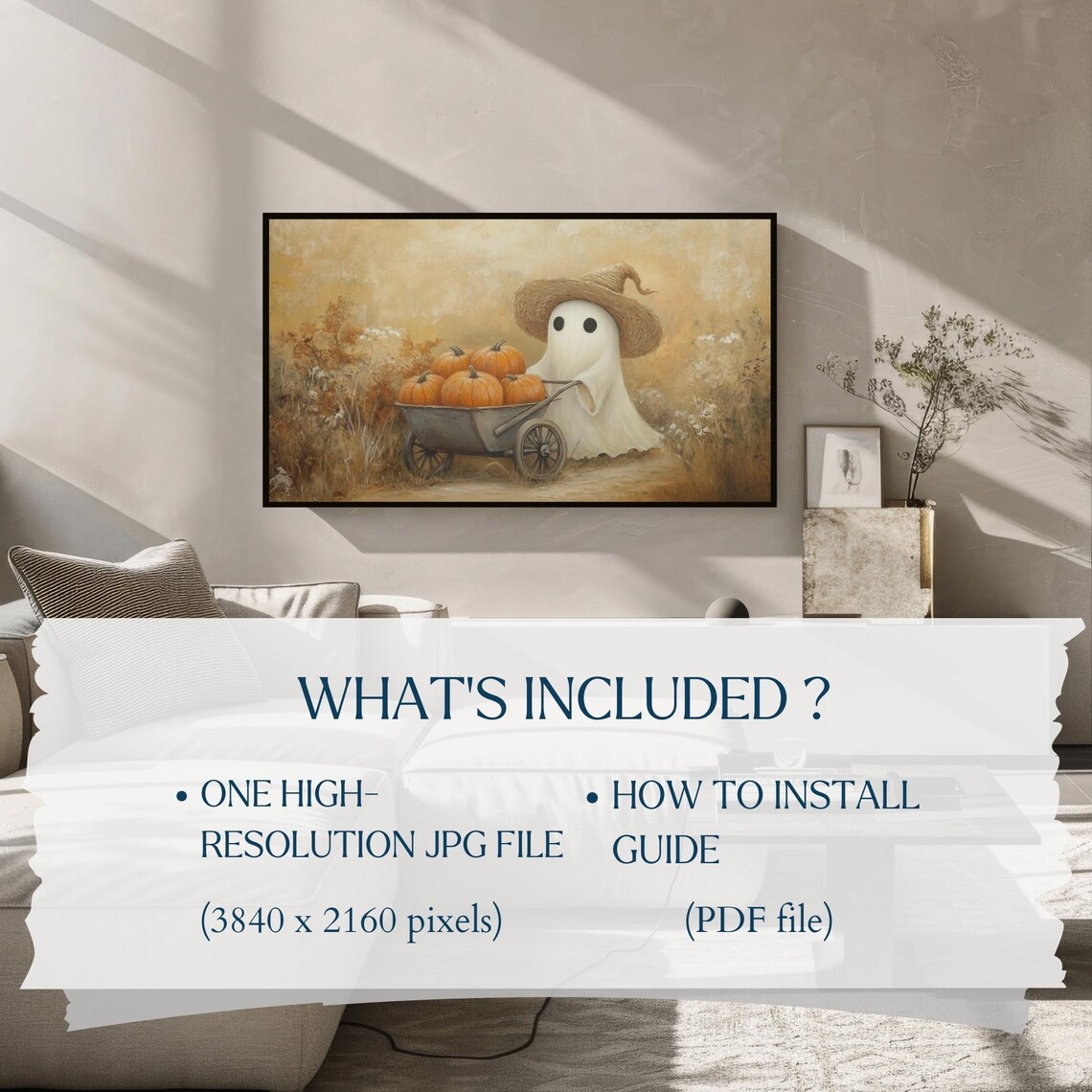 Cute Ghost Straw Witch Hat Pumpkin Wagon Autumn TV Art Poster - Image 2