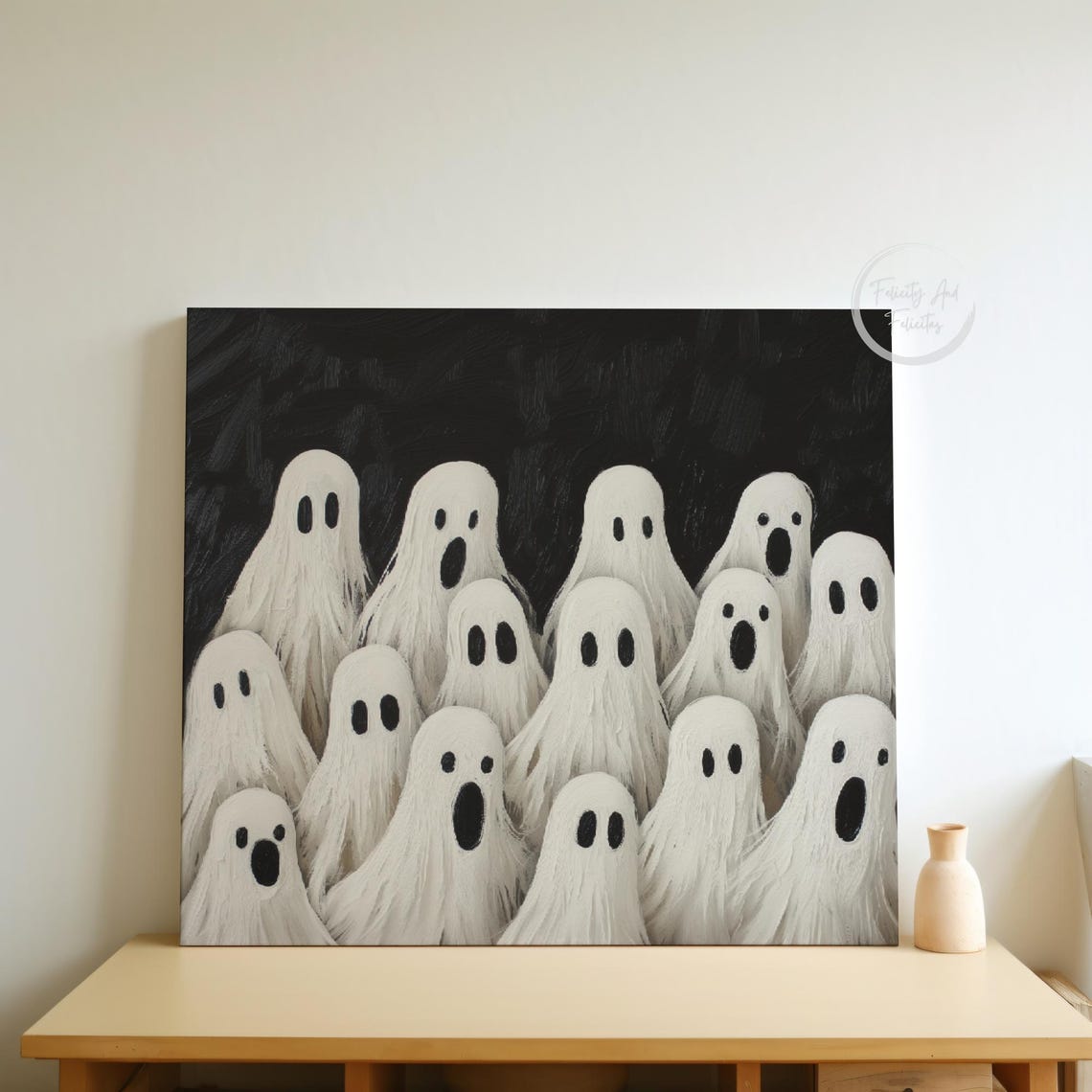 Cute Sheet Ghost Gathering Crowd on Black Spooky Fun Art Poster - Image 5