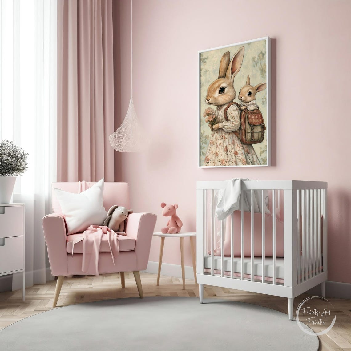 Vintage Mother Rabbit with Baby in Backpack Floral Nursery Wall Art - Image 4
