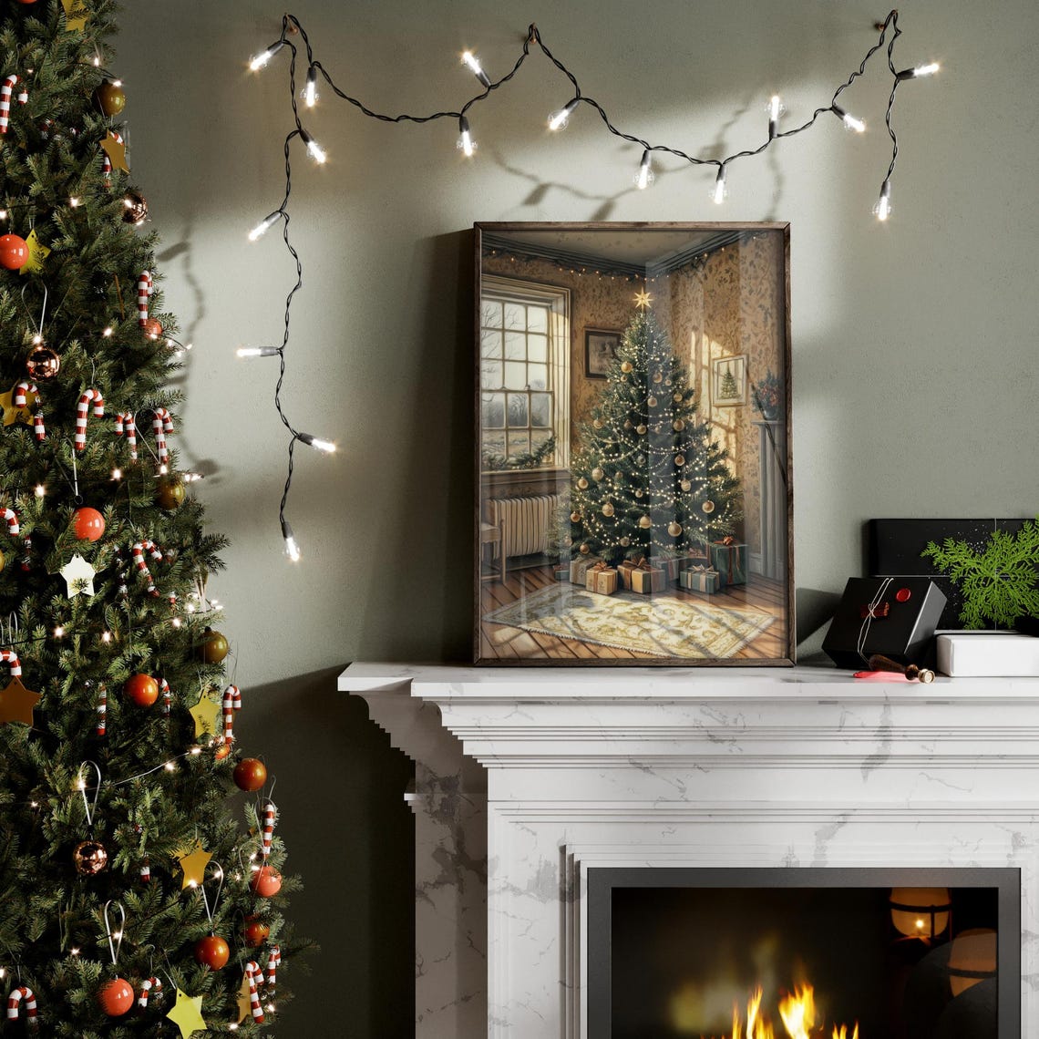 Christmas Tree with Gold Star in Cozy Stone Cottage Room Poster - Image 4
