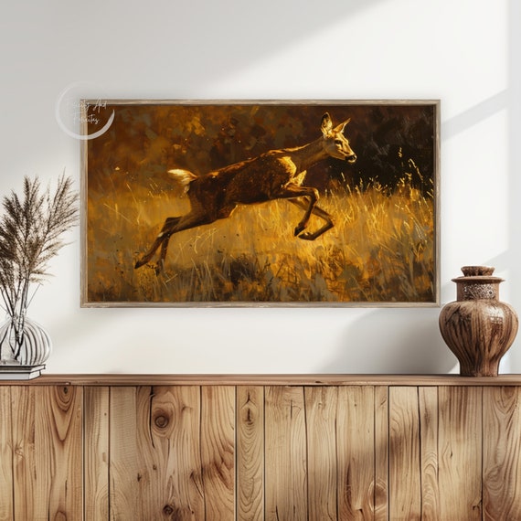 Rustic Fall Frame Tv Art Vintage Deer Painting Warm Tone Wood Deer Screensaver Farmhouse Decor