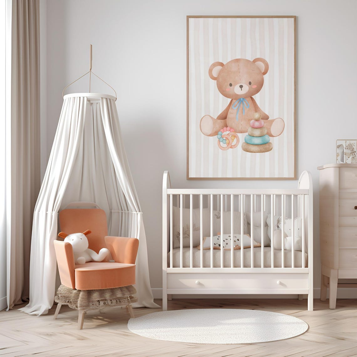 Teddy Bear with Blue Ribbon Stacking Rings Baby Toy Nursery Wall Art - Image 6