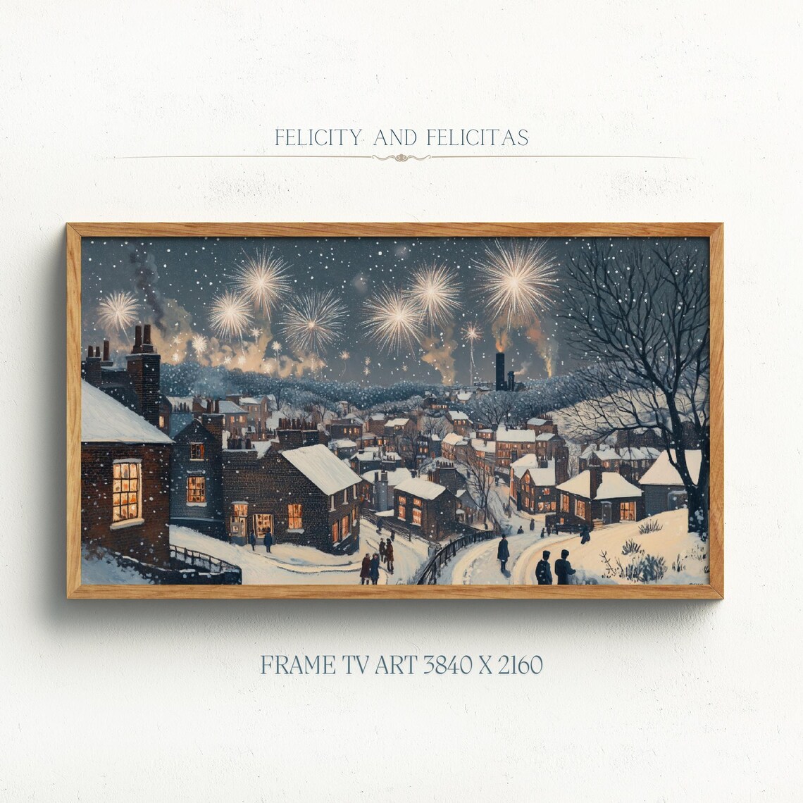 Snowy Village Fireworks Night Winter Holiday Frame TV Art Poster