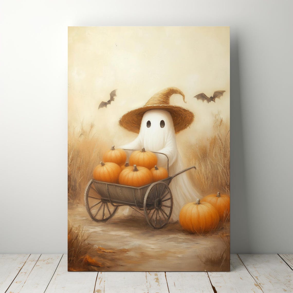 Cute Ghost In Witch Hat Pumpkin Wagon Beige Halloween Wall Art - Image 6