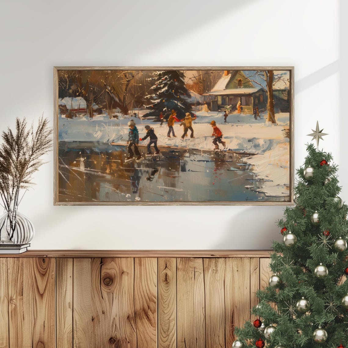 Children Ice Skating Frozen Pond Sunset Farmhouse Winter Poster - Image 5