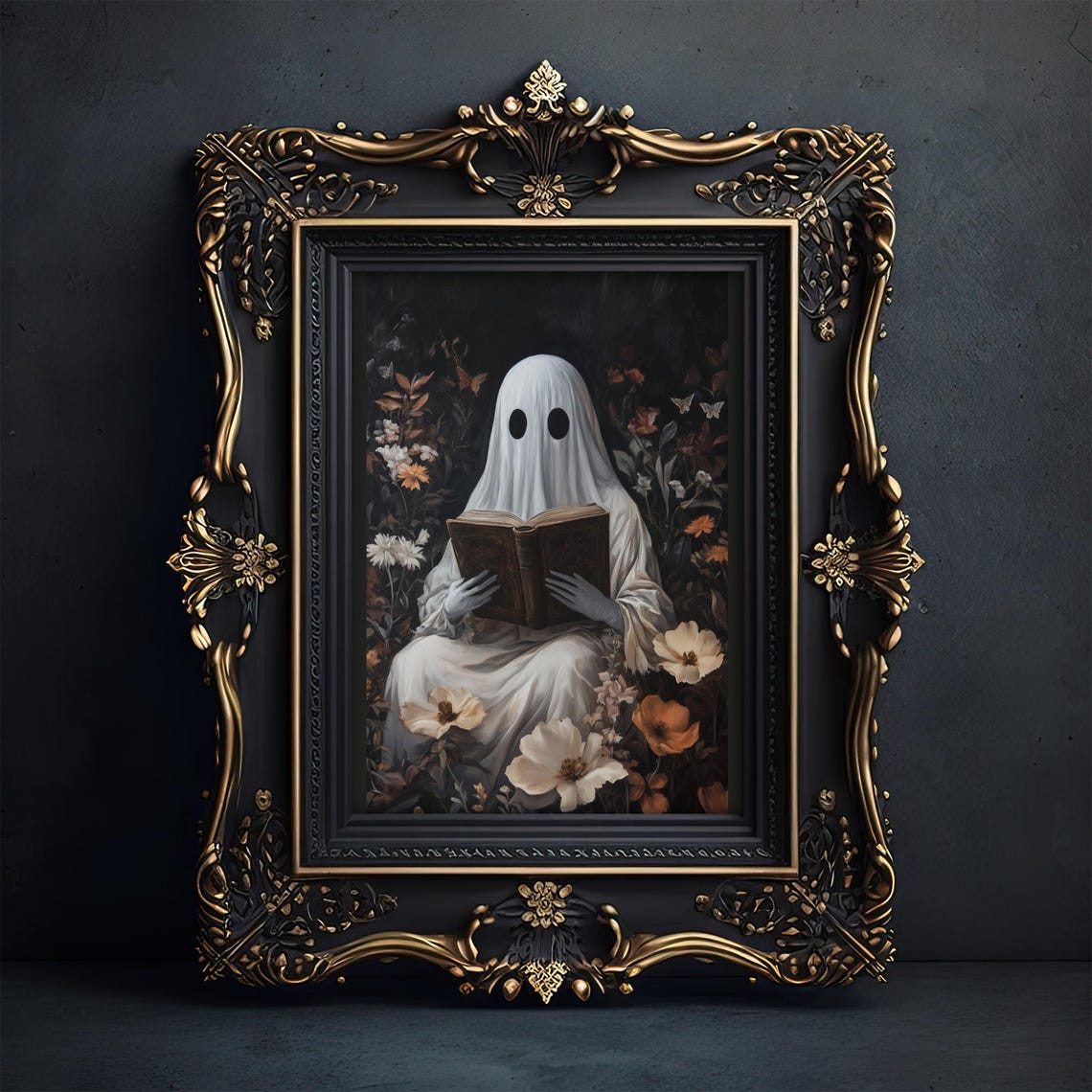 Ghost Reading Book Dark Floral Gothic Halloween Ornate Wall Art
