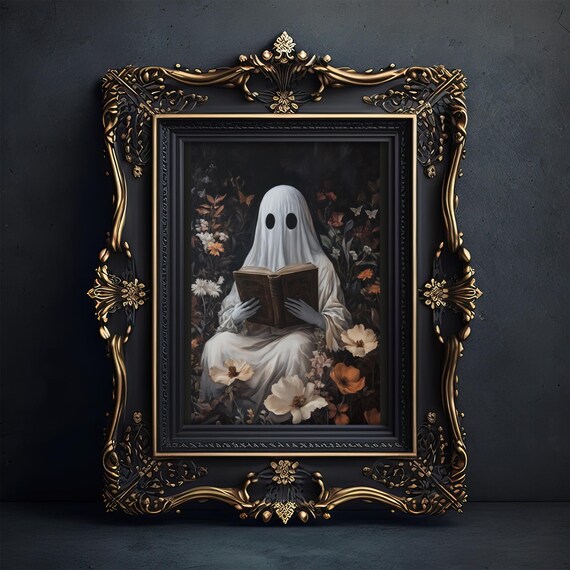 Ghost Reading Book Dark Floral Gothic Halloween Ornate Wall Art
