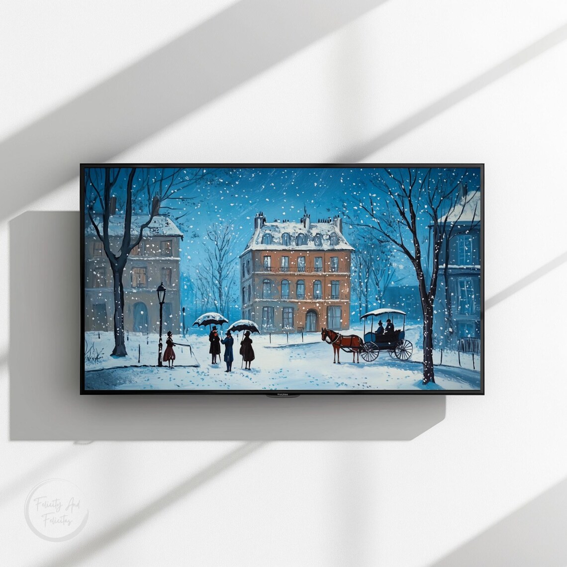 Snowy Vintage Street Horse Carriage Blue Winter Night Frame TV Art Poster - Image 3