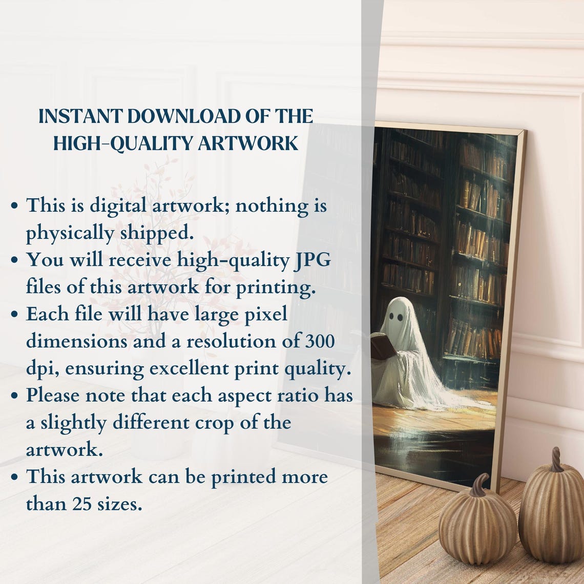 Ghost Reading Book Dark Library Halloween Cottagecore Wall Art - Image 3